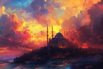 Obraz premium Dramatic sunset over a coastal city with a grand mosque.
