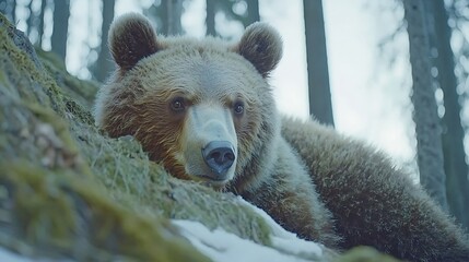 The rugged face of a bear captured in sharp detail, its piercing gaze staring directly into the camera, framed by the wild forest