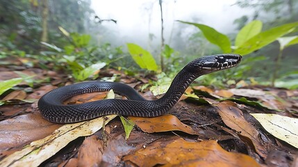 The shadowy figure of a snake gliding through dense rainforest leaves, disappearing into the thick undergrowth as light barely filters through