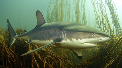 The surreal image of a shark gliding between the flooded roots of a dense tropical jungle, sunlight breaking through the canopy above