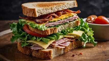 Gourmet Sandwich with Ham, Bacon, Chicken, and Melted Cheddar