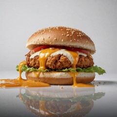 Ultra-Realistic Fried Chicken Burger with Cheese and Sauces on White Background