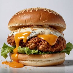 Ultra-Realistic Fried Chicken Burger with Cheese and Sauces on White Background