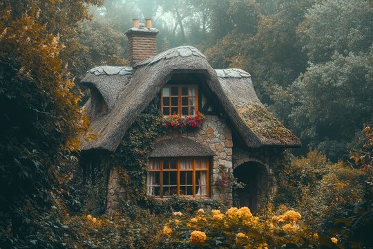 A charming stone cottage with a thatched roof, nestled in a misty forest, evokes a sense of fairytale enchantment.