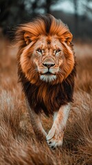 Fototapeta premium Powerful Running Lion In Golden Grassland