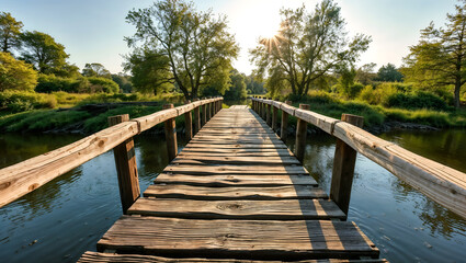 Obraz premium A rustic wooden bridge stretching over a quiet river, bathed in warm golden sunlight. Generative AI