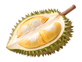 Fototapeta premium Peeled durian half with pulp or flesh isolated on white background generated with AI.