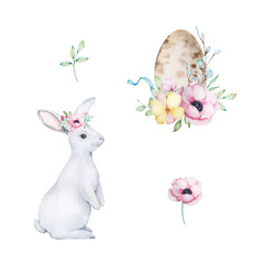 Watercolor White Easter Rabbits and spring flowers, pink anemones bouque