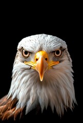 Obraz premium Intense Gaze of a Bald Eagle Head on Black Backdrop Avian Predator Staring Wild Bird Portrait