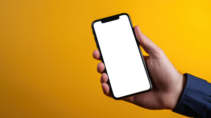 Close-up of a man in a blue shirt holding a cell phone with a white screen on a yellow background. A mockup of a modern and stylish phone for the presentation of a mobile application, discounts