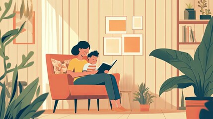 Warm Mother-Son Story Time: A Serene Illustration