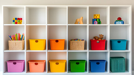 Fototapeta premium White Shelving Unit with Colorful Storage Boxes and Assorted Toys for Home Organization