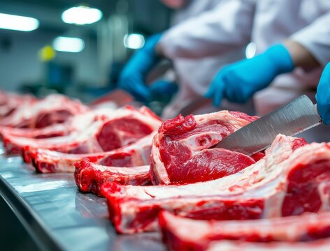 Cutting Fresh Beef Ribs in a Meat Processing Facility for Sale and Distribution Worldwide