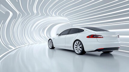 Futuristic White Electric Car in Abstract Tunnel
