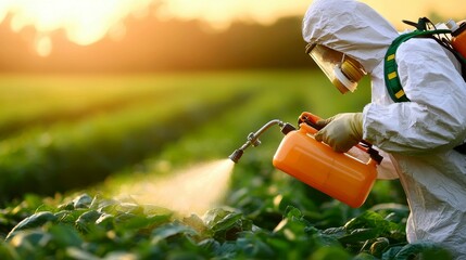 Individual Applying Agricultural Chemicals in Field with Protective Suit and Equipment for Farming Crops