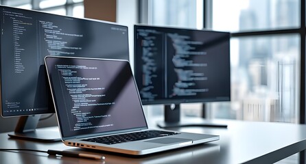 A laptop on a desk with a second monitor, showing lines of code. The background is a sleek, modern workspace with a blurred city view through the window.