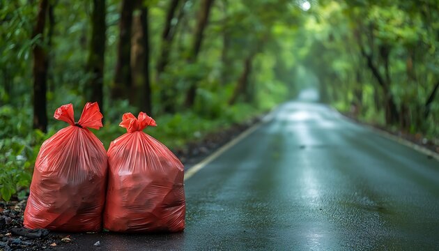 Trash bags along forest road edge