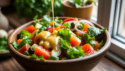 a delicious salad with fresh ingredients, drizzled with a flavorful dressing, ready to eat. The colorful array of vegetables and the appetizing presentation create a mouthwatering image