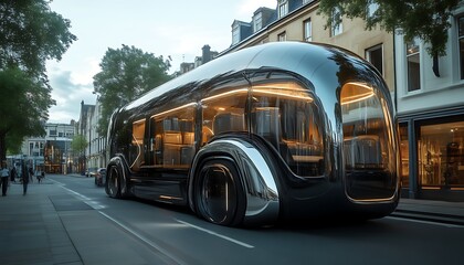 Futuristic bus drives on city street. Trees, shops