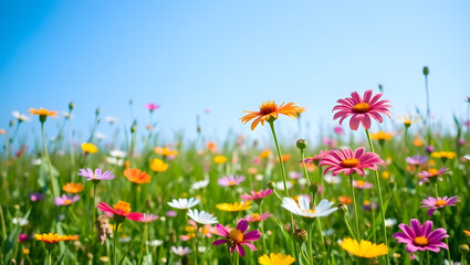 Fototapeta premium a vibrant field of wildflowers bathed in warm sunlight, under a clear, blue sky