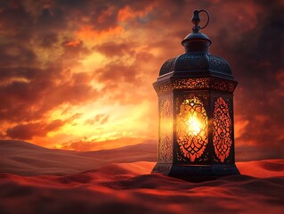 An illuminated lantern glows in a desert landscape at sunset