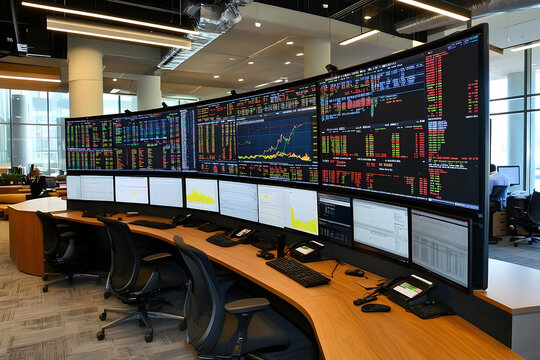 Modern trading floor with curved monitors - Powered by Adobe