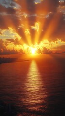 Ocean Sunset Sun Rays Reflecting on Calm Sea