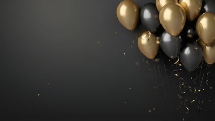 Dark and Moody Digital Illustration of Overlapping Balloons in Black, Gold, and Silver Colors with Falling Confetti