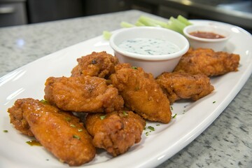 Fototapeta premium Boneless wings are bite-sized pieces of chicken, typically breaded and fried, served without bones. They’re often tossed in sauces like buffalo, BBQ, or honey mustard.