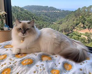 Cat Resting, Window View, Mountains