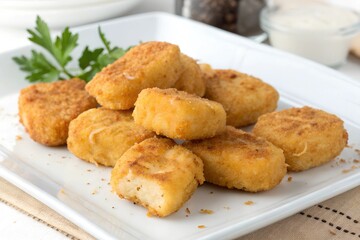 Chicken nuggets are bite-sized pieces of breaded and deep-fried chicken, often served with dipping sauces. They're crispy on the outside and tender on the inside.