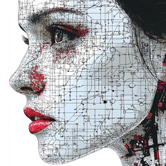 Woman's profile circuit design overlay on white