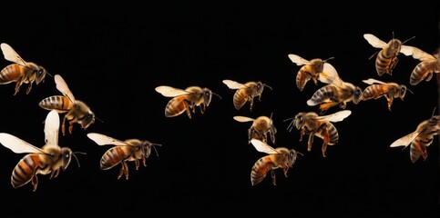 Fototapeta premium Colorful bees flying in formation on black background