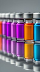 Array of Colorful Glass Vials Filled with Liquid Medicines Stand in a Pharmaceutical Lab