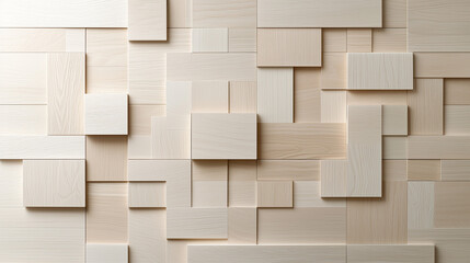 A textured wooden wall featuring variously sized light-colored panels arranged in a modern, geometric pattern.