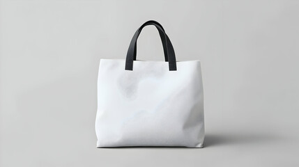 White Shopping Tote Bag With Black Handles On Gray Background