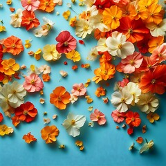 Colorful Flowers Scatter on Blue Surface