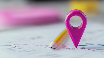 Fototapeta premium Location Marker on Financial Graph Chart with Yellow Pencil for Business Data Analysis Planning