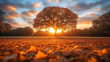 Sunset Through Tree, Leaves on Ground, Park