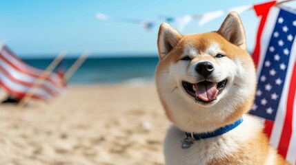 Cheerful Shiba Inu Dog Celebrates Independence Day on Sunny Beach with American Flags 4th of July
