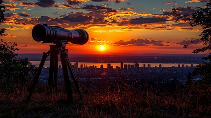 Camera Focuses on Sunset Cityscape Horizon