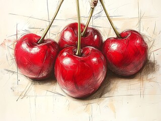 Cherries Sketch Vivid fruits on pale table