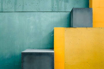 Abstract geometric composition of colorful blocks against a textured green wall