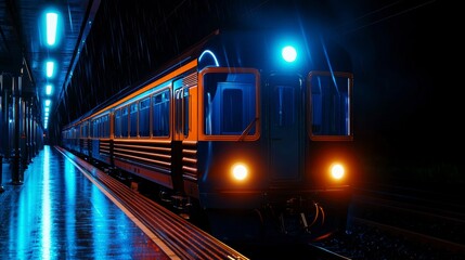 Obraz premium Night Train Arriving at Platform Neon Lights Cityscape