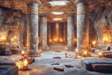 Fototapeta premium Ancient Temple Interior With Pillars And Candles