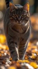 Cat walking on autumn leaves, sunny day