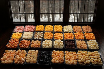 Noodles display inside; winter forest background