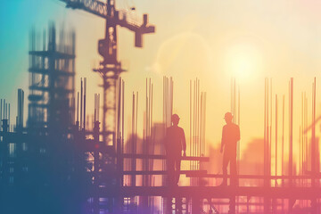 Silhouetted construction workers overseeing a skyline at sunset with cranes in the background