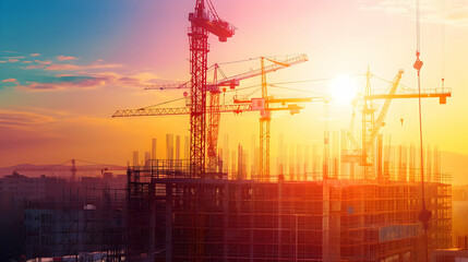 Vibrant sunset over a construction site with cranes silhouetted against the colorful sky
