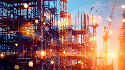 Obraz premium Construction site at dusk with cranes and scaffolding illuminated by warm lights